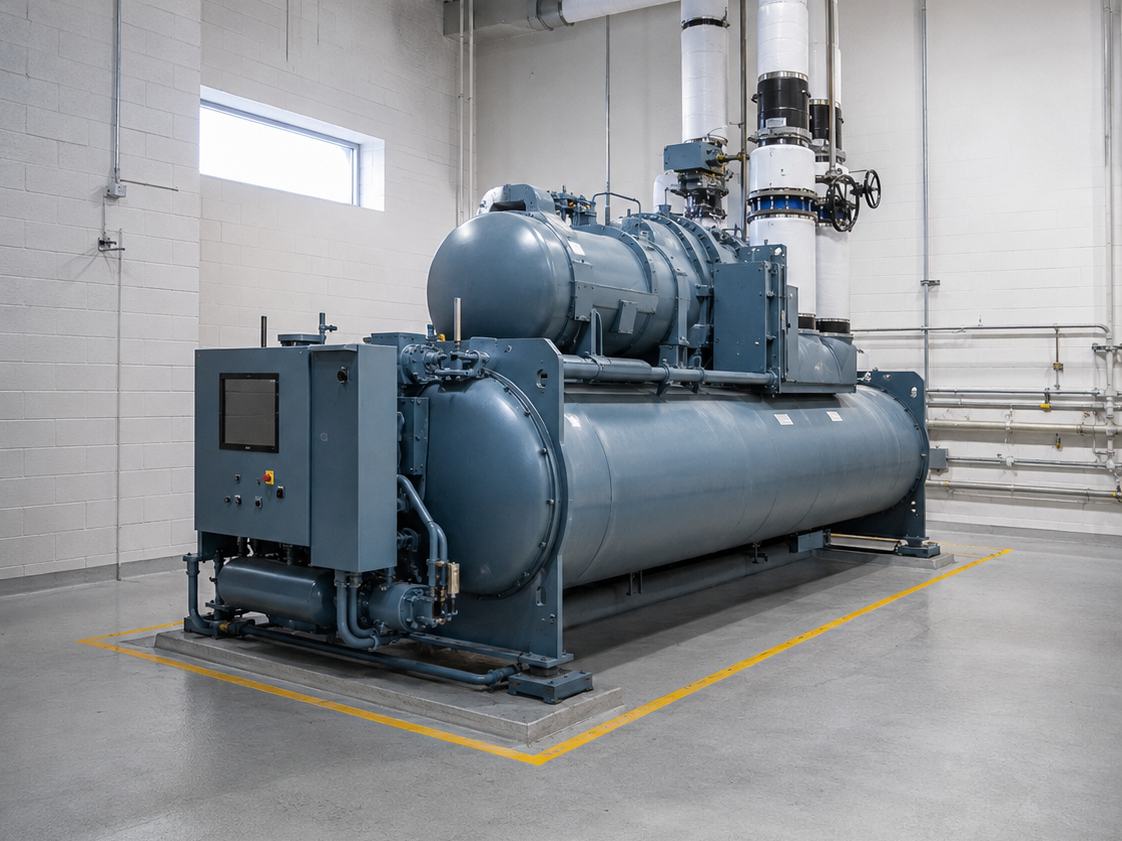 Illustration of a chiller in a mechanical room