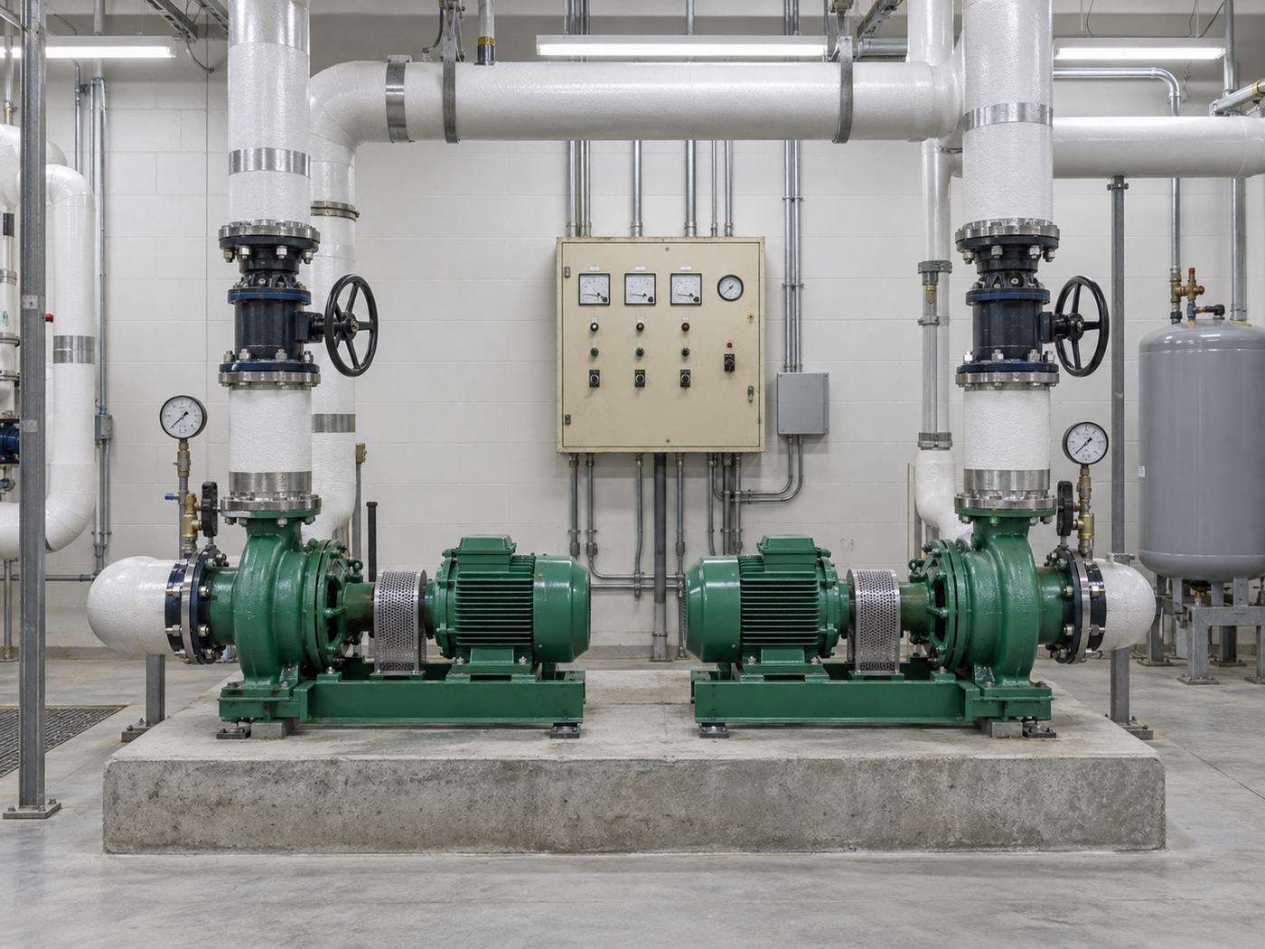 Illustration of chilled water pumps and piping in a mechanical room