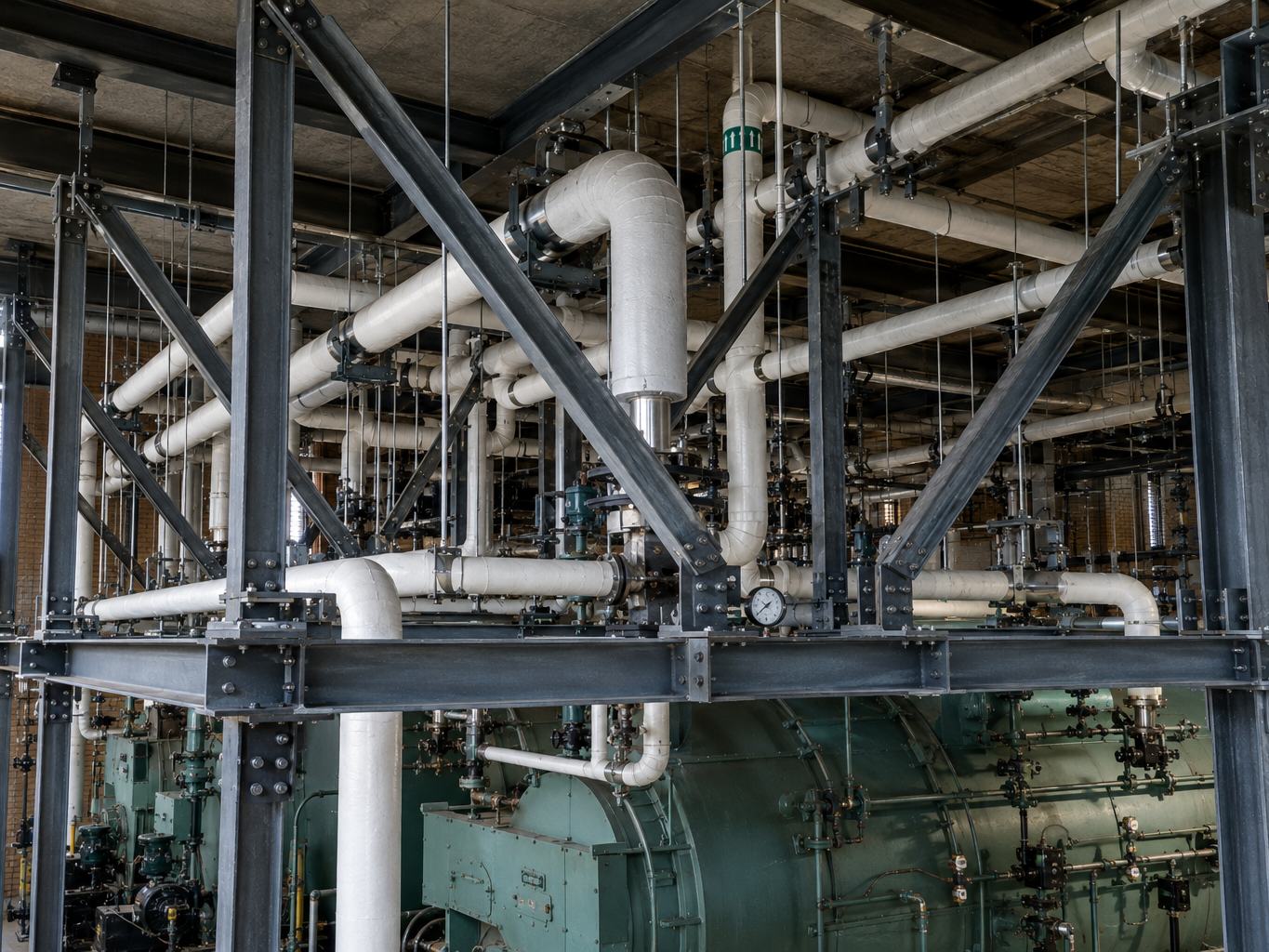 Illustration of structural steel bracing and seismically supported piping in a central plant