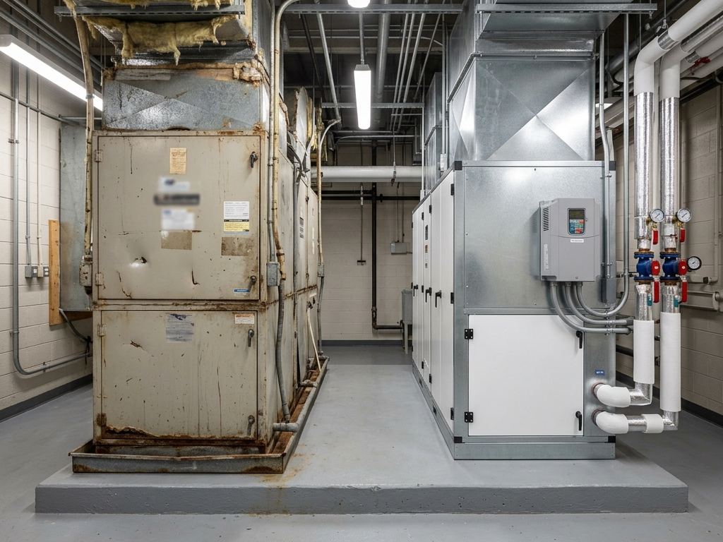 Illustration of a worn, rusted air handler beside a new air handling unit in a mechanical room