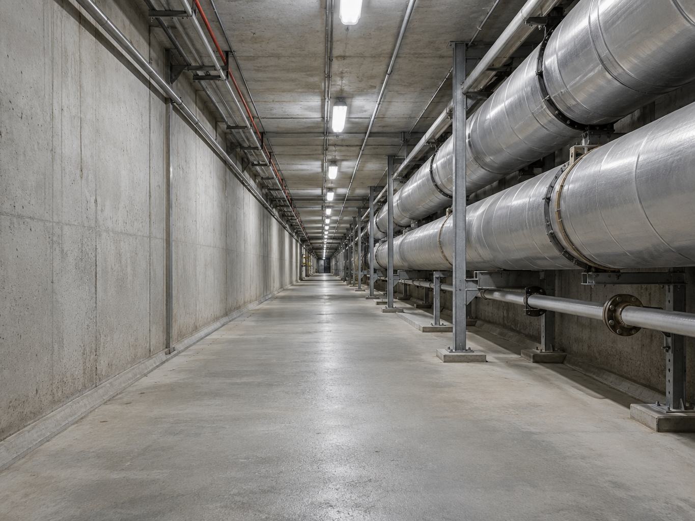 Illustration of insulated steam piping on supports in a long utility tunnel