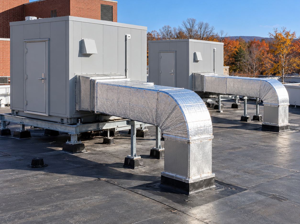 Illustration of rooftop air handler enclosures with insulated ductwork on a hospital roof