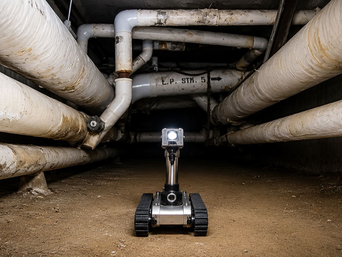 Illustration of a camera robot surveying a utility tunnel