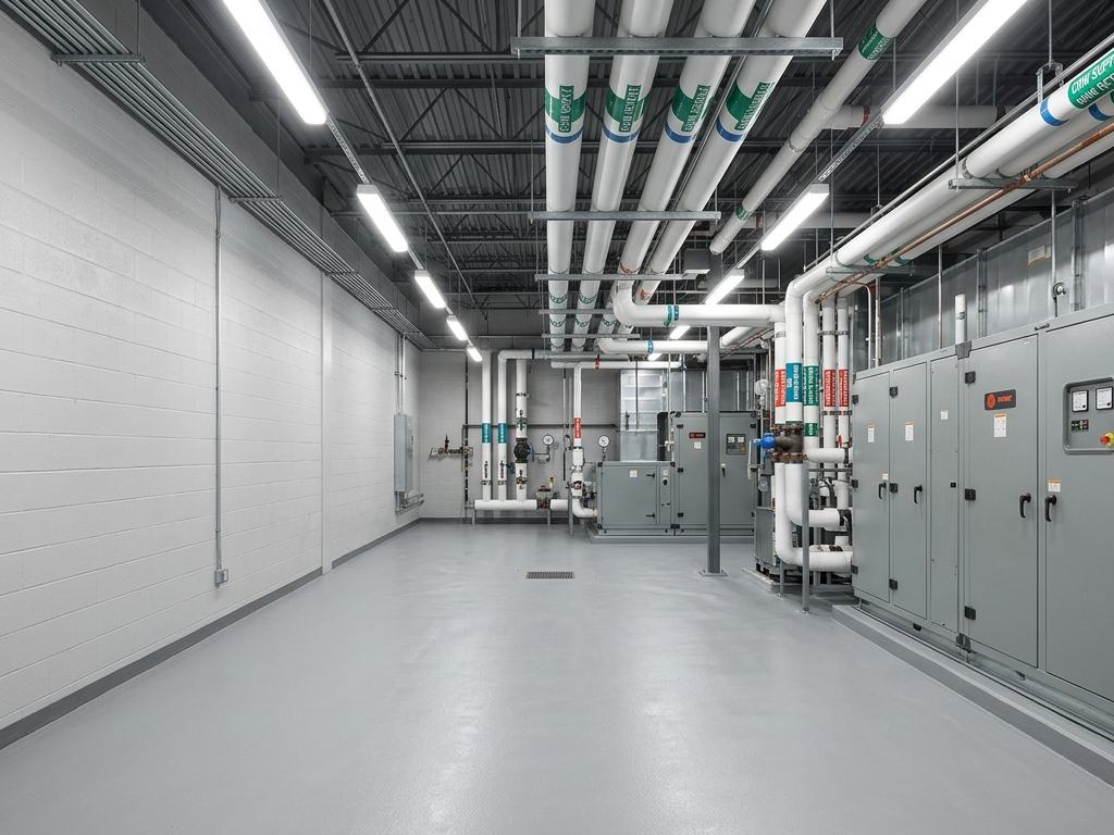 Illustration of a hospital central plant mechanical room with labeled piping and equipment cabinets